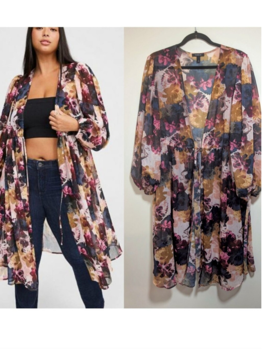Torrid | Floral Metallic Sheer Chiffon Kimono Duster in Multicolor